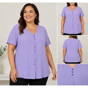 Bentley Plus Women's 20W Lavender Textured Blouse Short Sleeve V-Neck Button Top